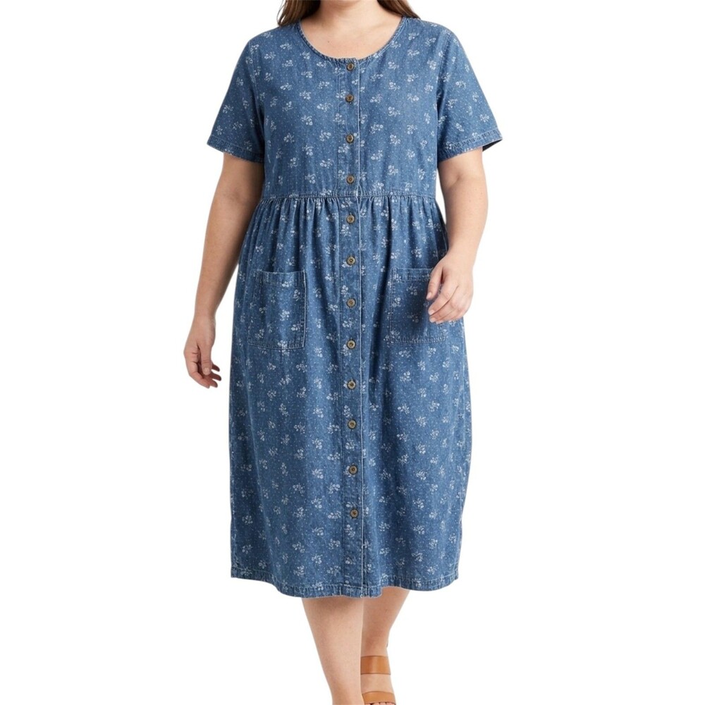 Women Within Denim Blue Jean Midi Dress Plus Size 22W White Floral Print Womans